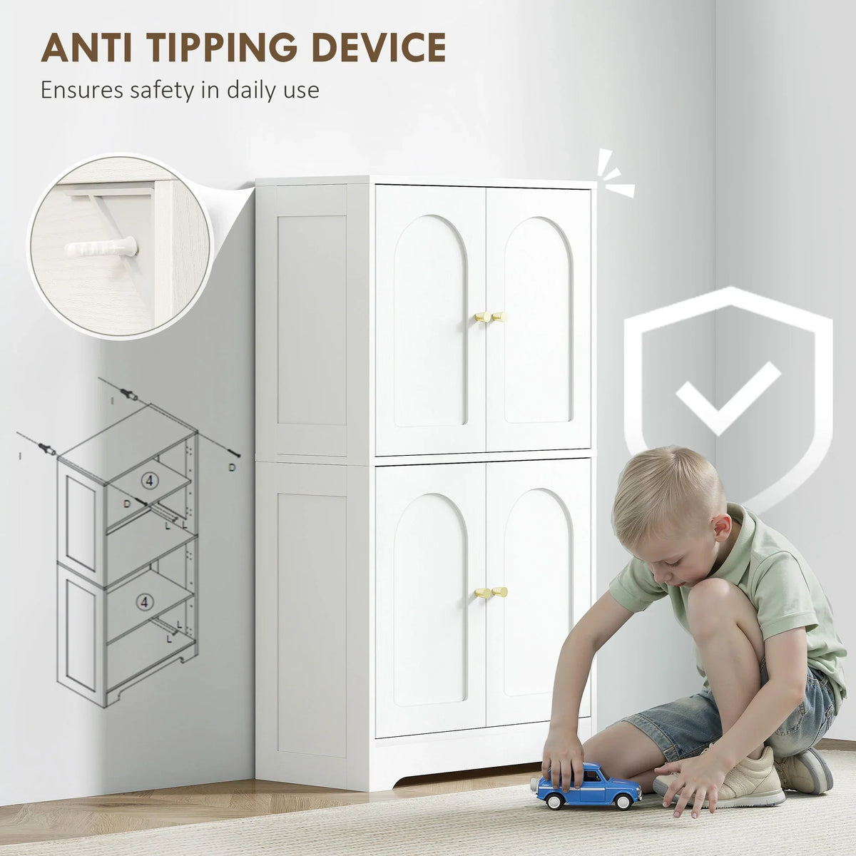 White 4-door cabinet with arched door panels and gold handles; anti-tipping device diagram