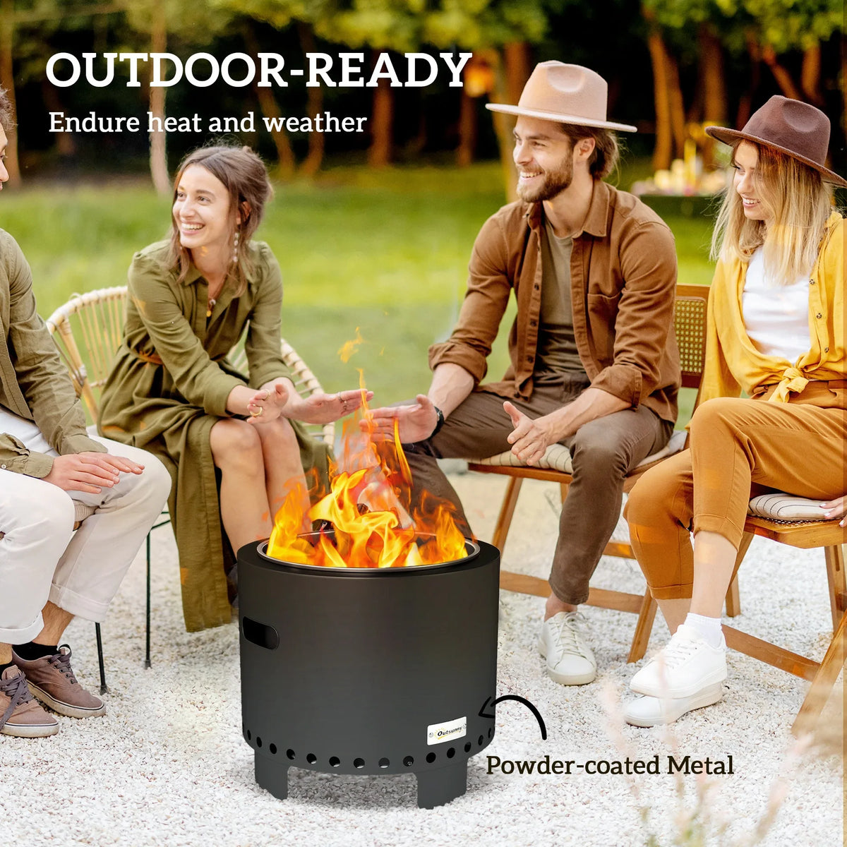 Black powder-coated steel fire pit outdoors with open flames burning in center