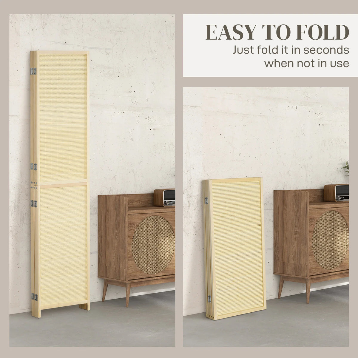 Folding bamboo privacy screen shown in upright and folded-closed positions