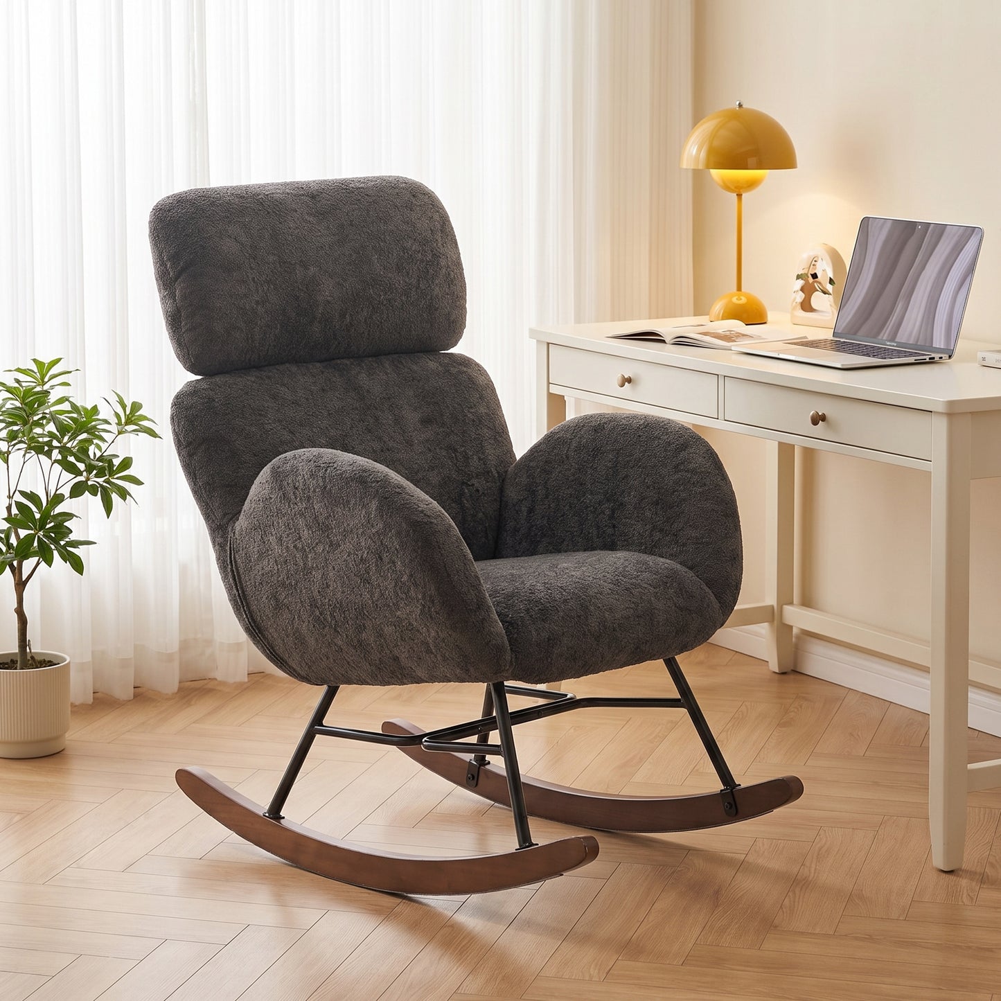 HOMCOM Dark Grey Velvet Rocking Chair With Adjustable Headrest Rubberwood Base