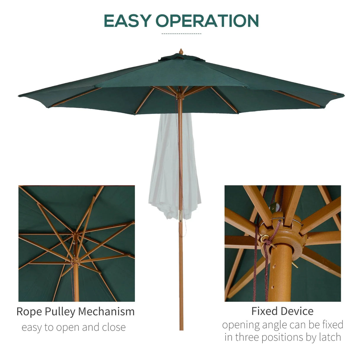 Dark green garden parasol with wooden pole, rope pulley system, and adjustable tilt