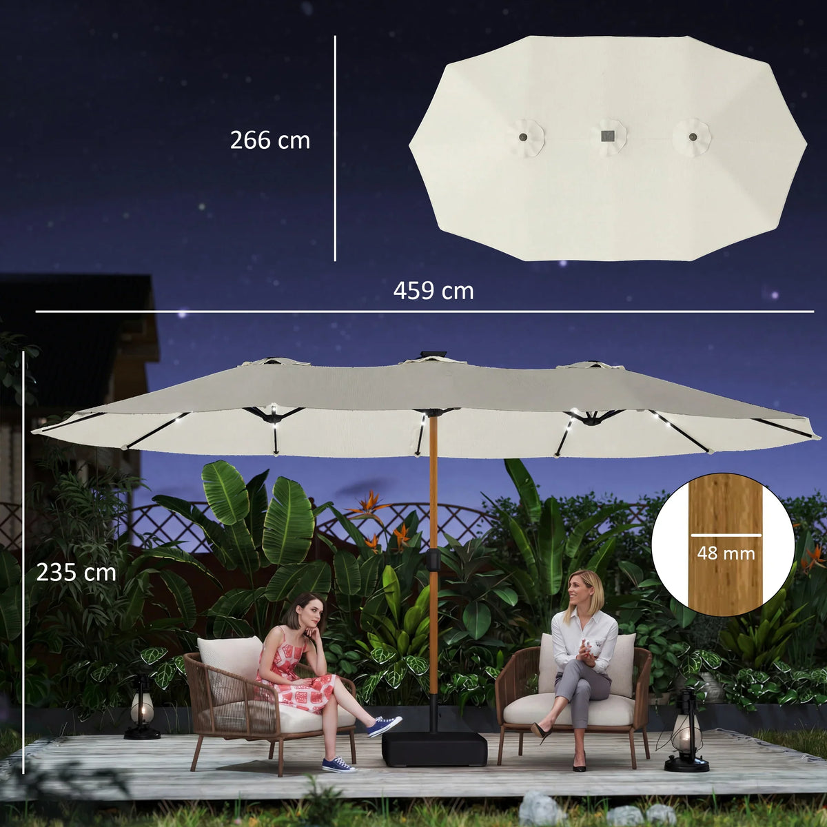 Cream double-sided garden parasol, flat top view with central pole and metal ribs