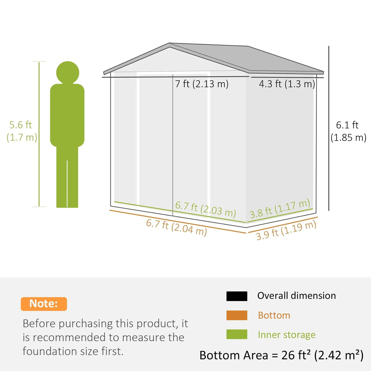Brown metal storage shed size diagram with overall dimensions and base area