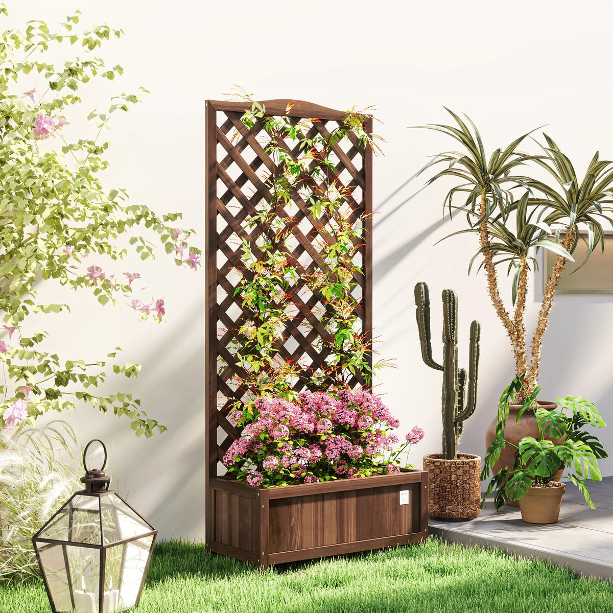Dark brown freestanding wooden raised planter with lattice trellis for climbing plants