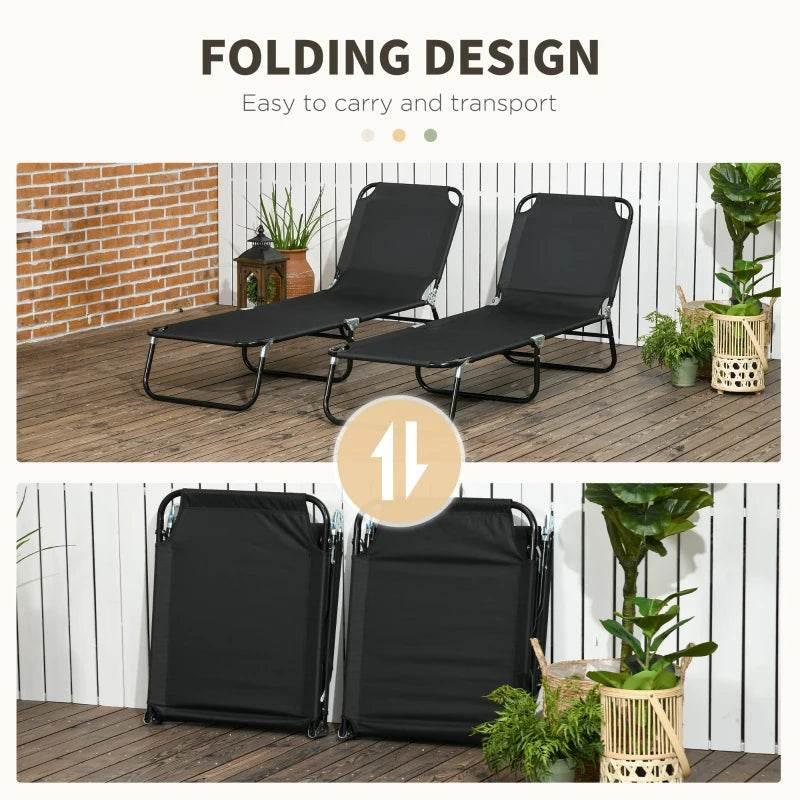 Set of 2 black folding sun loungers, compact folded storage design