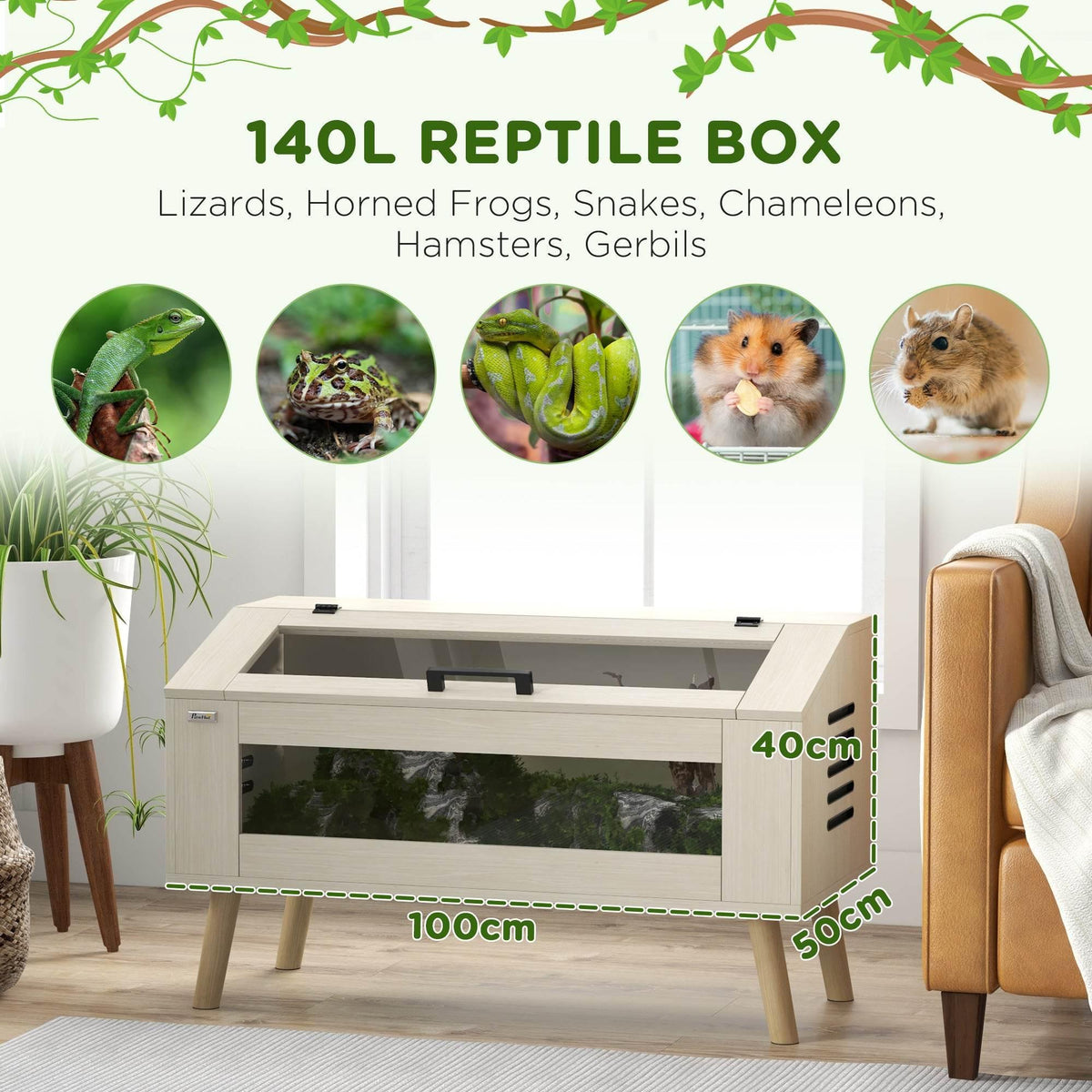 Light wood 140L reptile box with front tempered glass and raised side vents