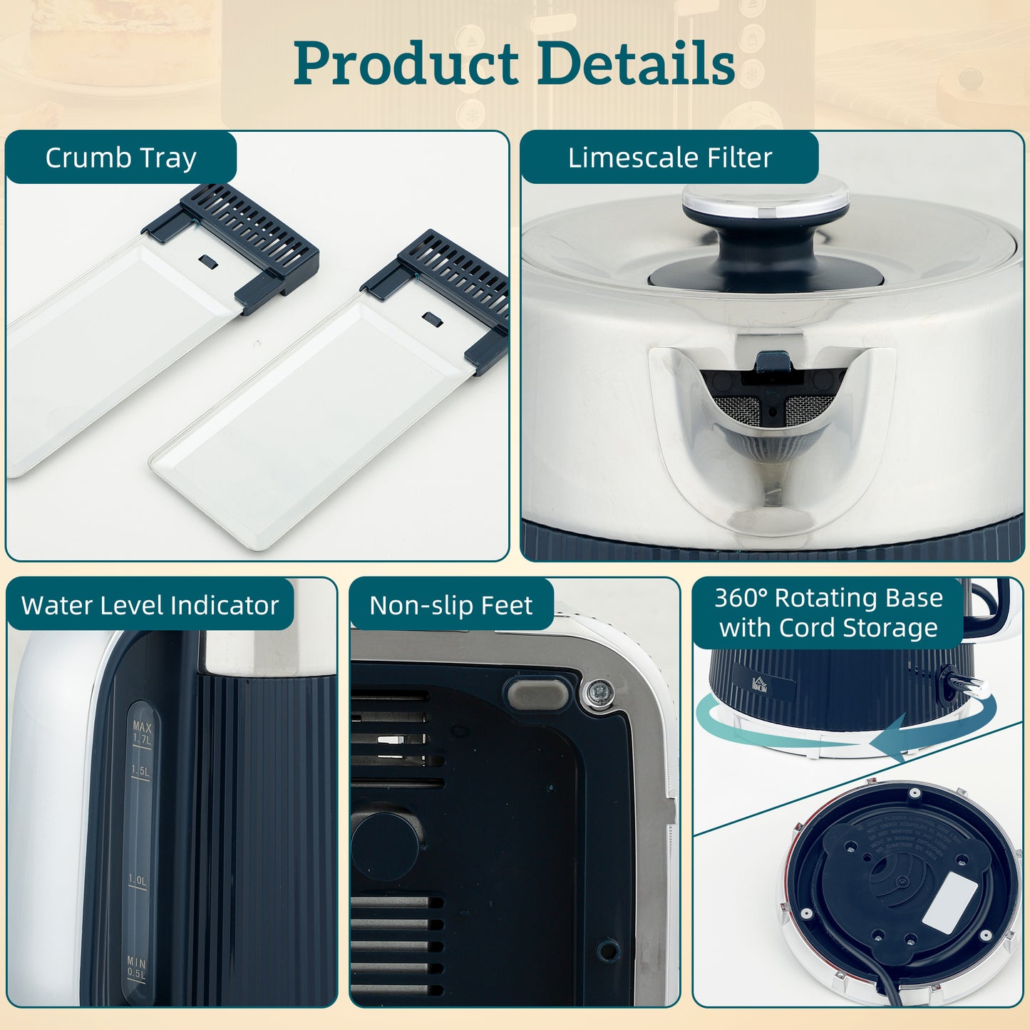 HOMCOM Stainless Steel Electric Kettle And Four Slot Toaster Set 3000W 1.7L UK Strix Thermostat Dark Blue