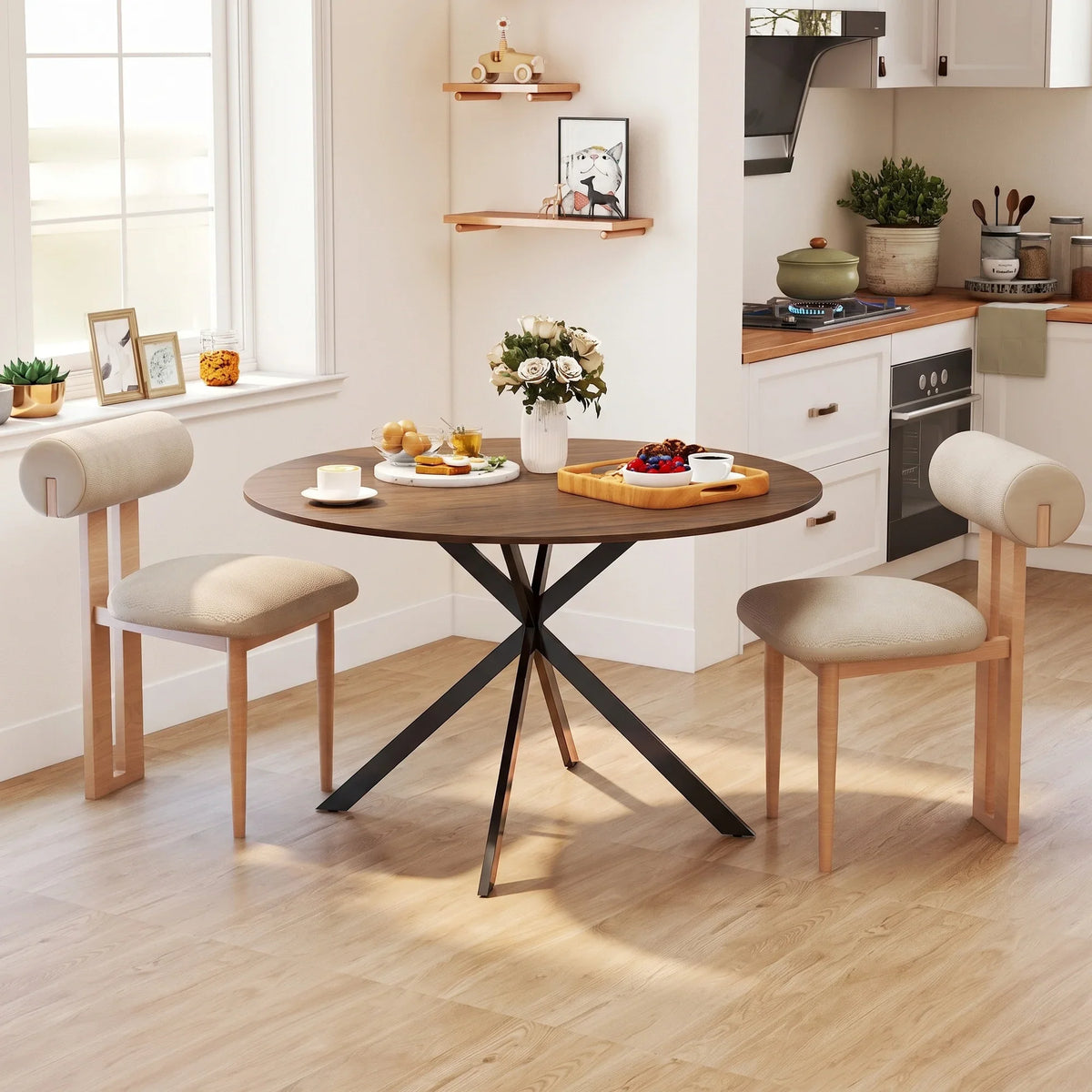 Round dining table with brown wood-effect top and black X-shaped steel legs.