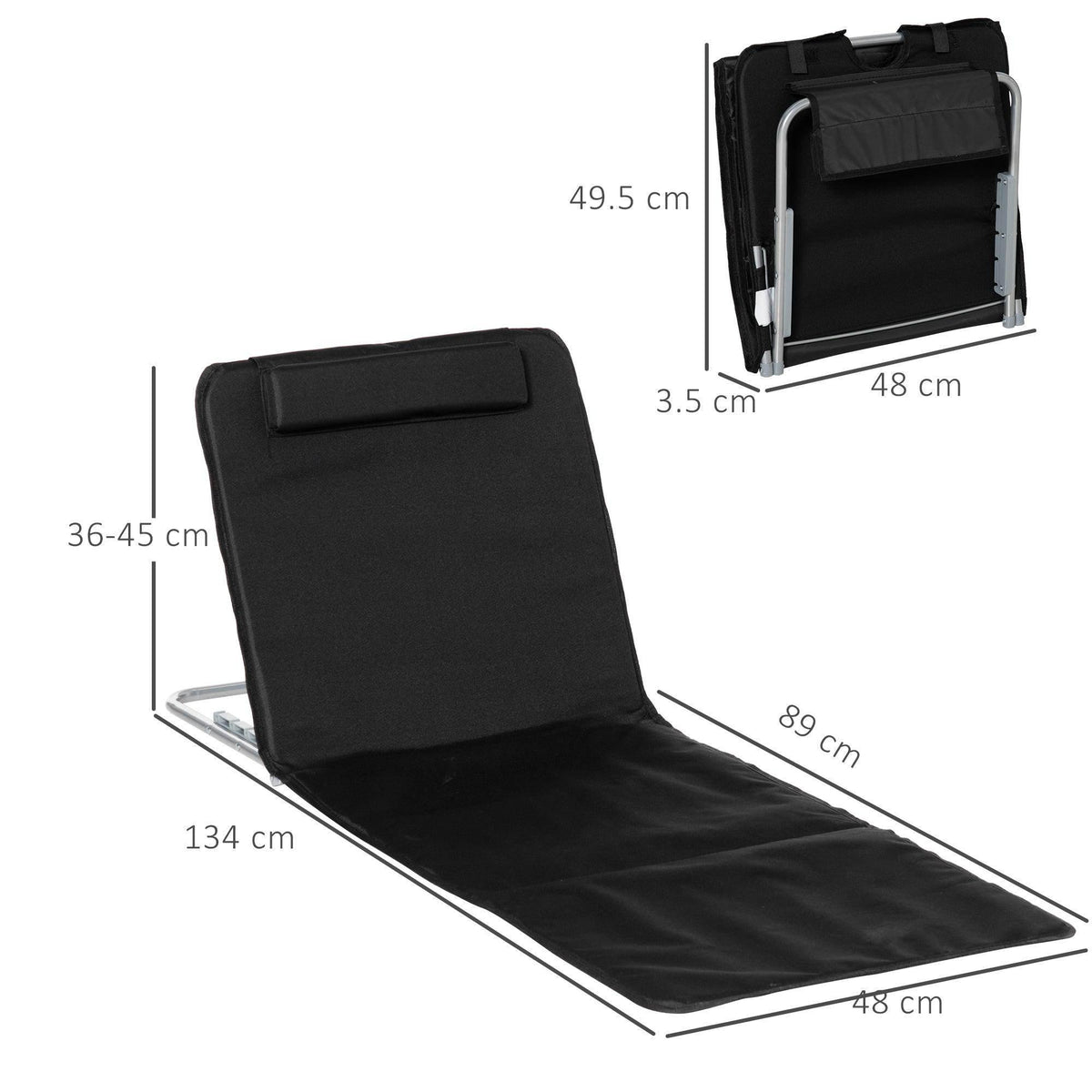 Black reclining lounge chair with padded headrest and flat seat cushion