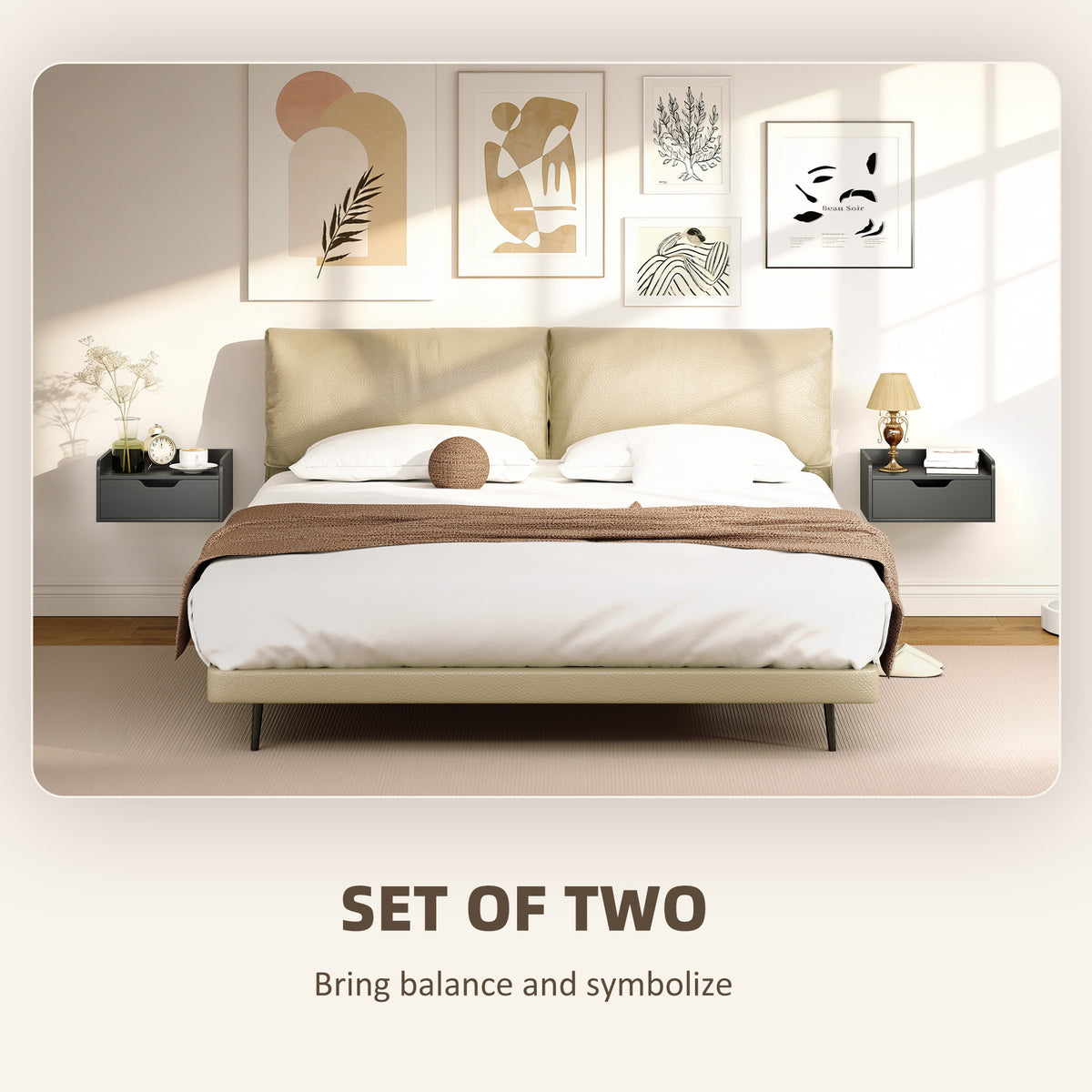 Set of two black floating bedside tables with drawers, wall-mounted nightstands