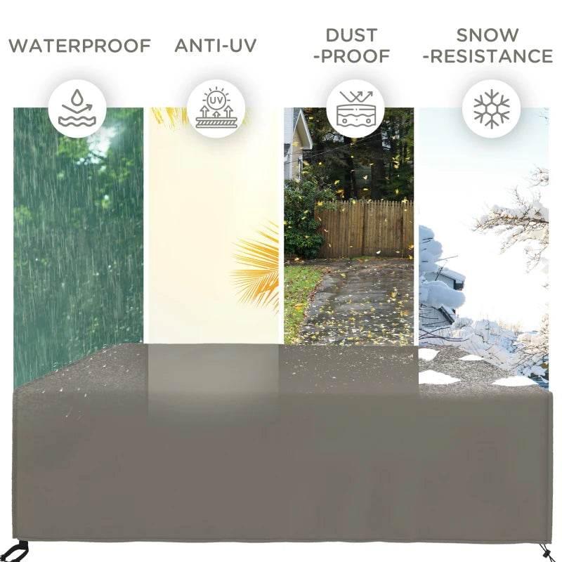Grey outdoor furniture cover with waterproof and anti-UV protection icons