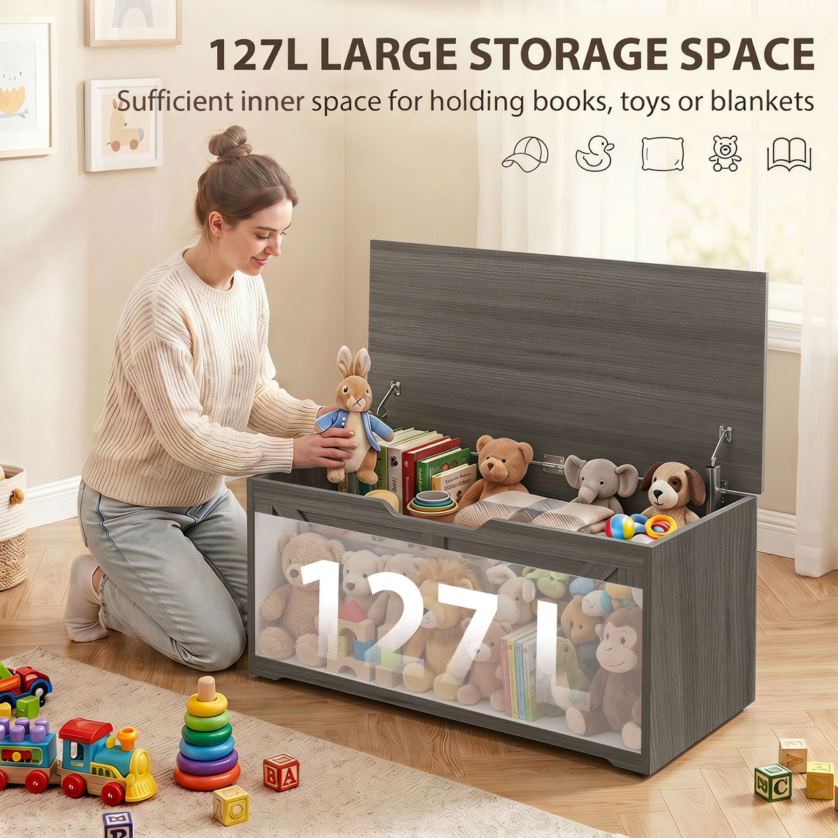 Large storage chest in dark gray wood-effect with hinged lid and open top