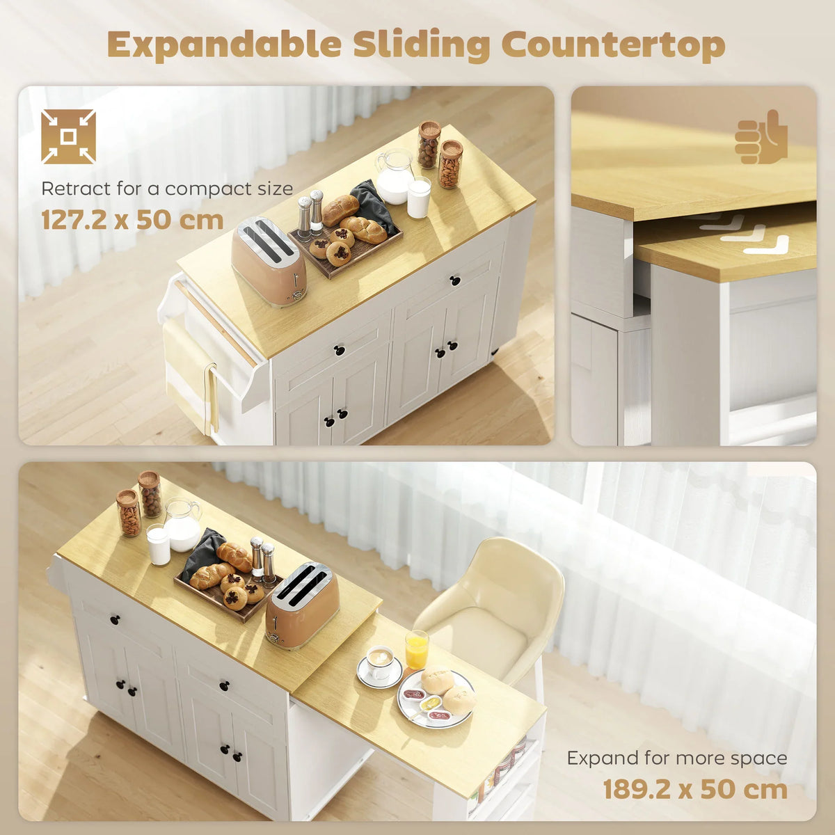Expandable sliding countertop kitchen island with compact and extended work surfaces.