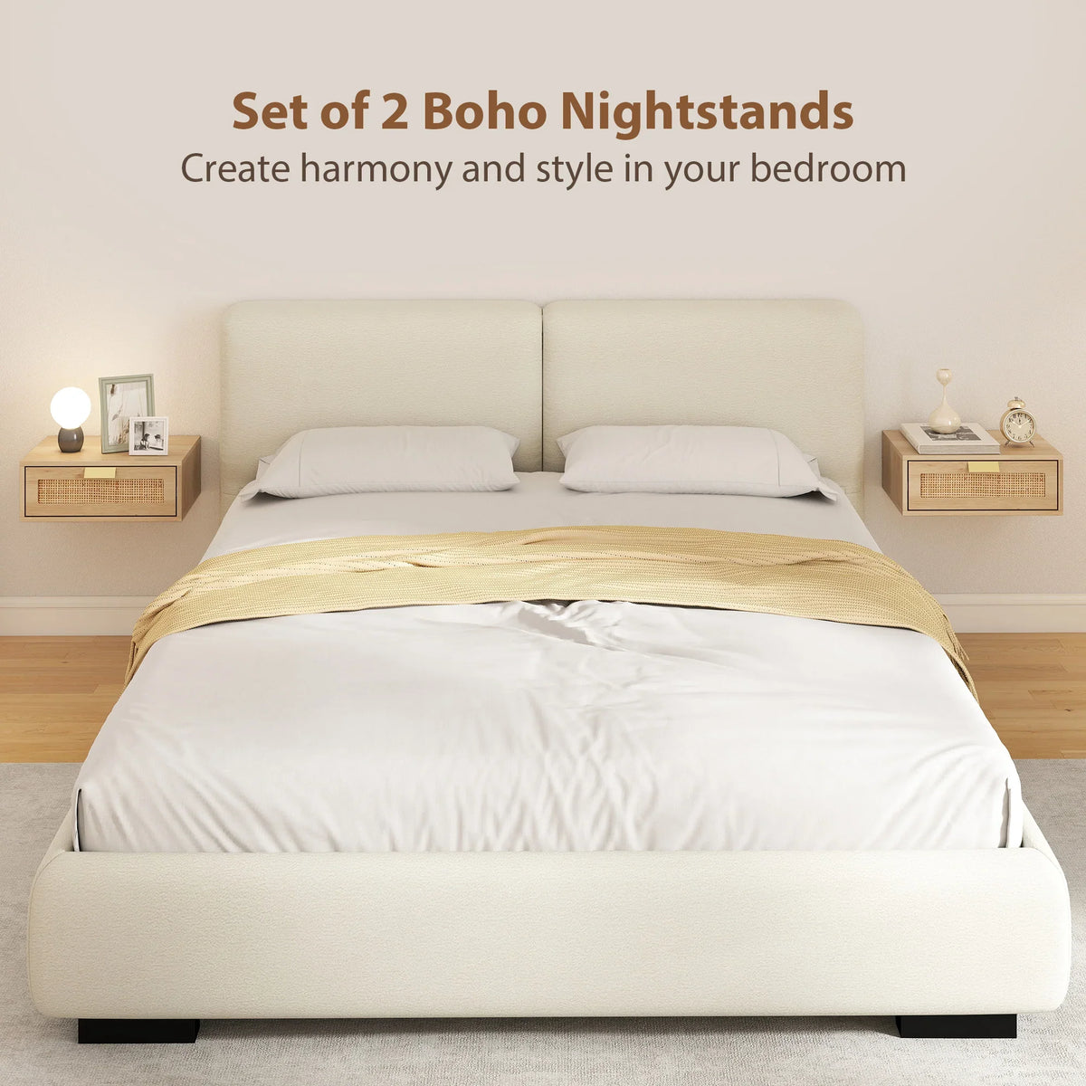 Set of 2 wall-mounted bedside cabinets with rattan drawers on both sides of bed