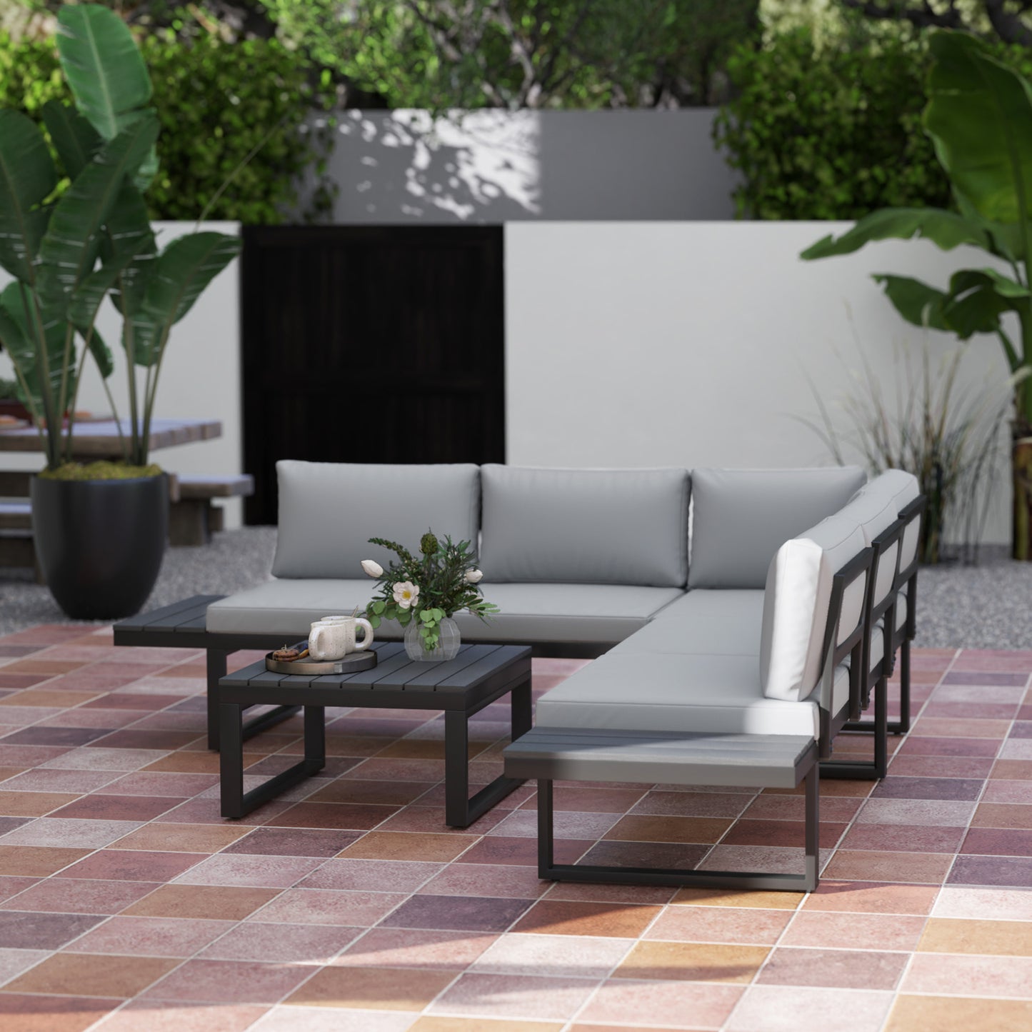 Outsunny 4 Piece Set With 5 Level Reclining Corner Sofa Cushions Wood Effect Table Black Frame Light Grey
