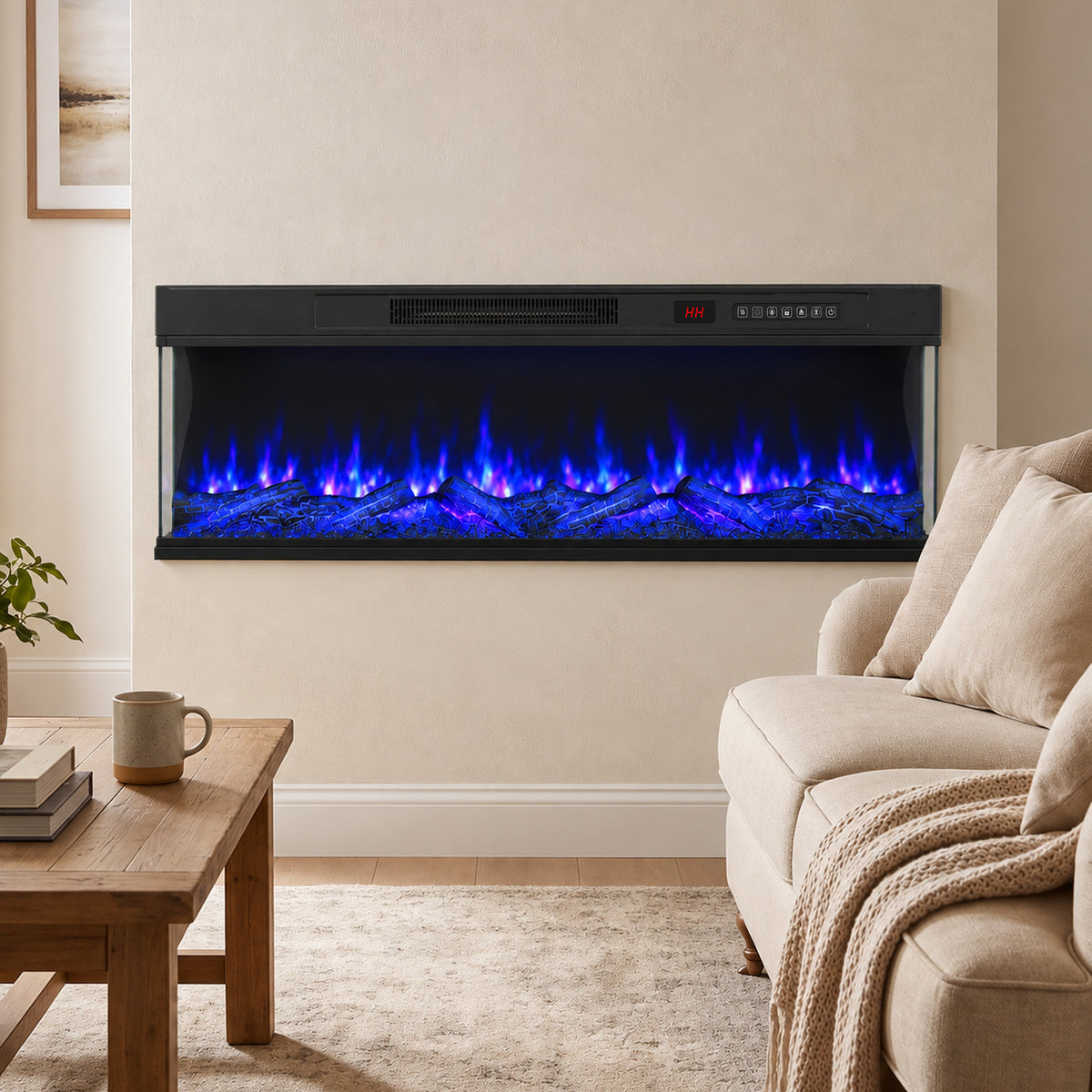 Electric fireplace with three-sided glass, blue flame effect over glowing ember bed