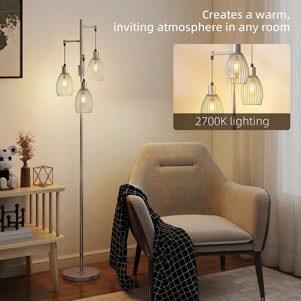 Industrial standing lamp with three warm amber cage shades and tall silver pole