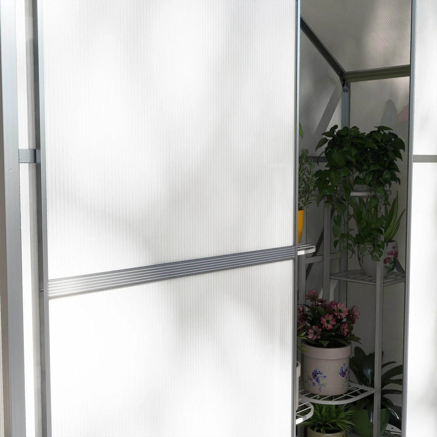 Outsunny 6 x 2.5ft Polycarbonate Greenhouse Walk-In Green House with Rain Gutter, Sliding Door, Window, Foundation, Silver - ALL4U RETAILER LTD