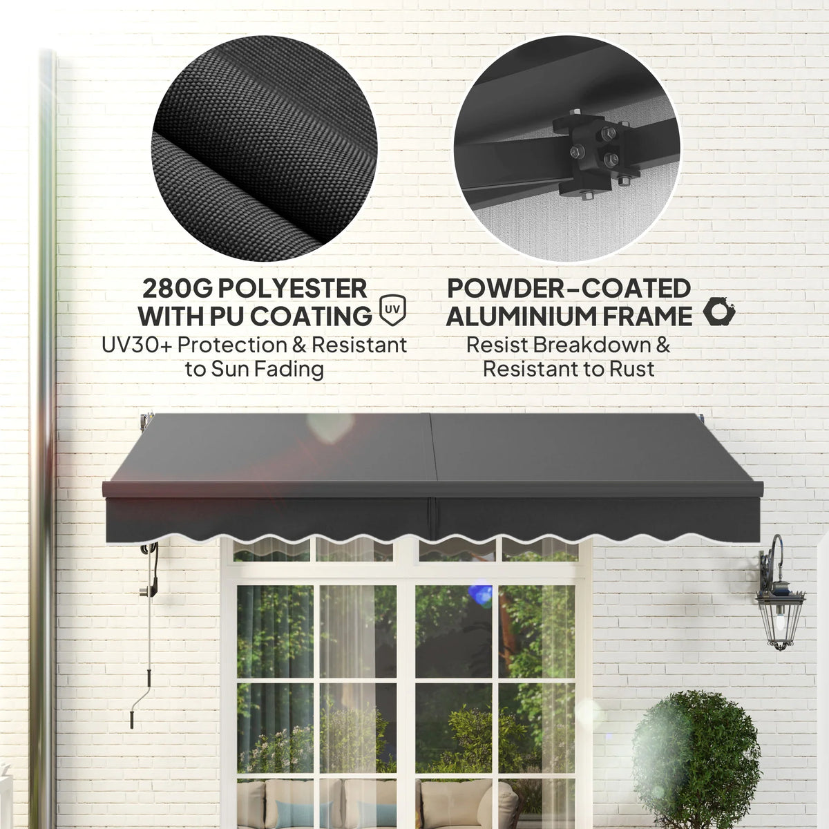 Electric retractable awning canopy with textured dark gray fabric and powder-coated frame