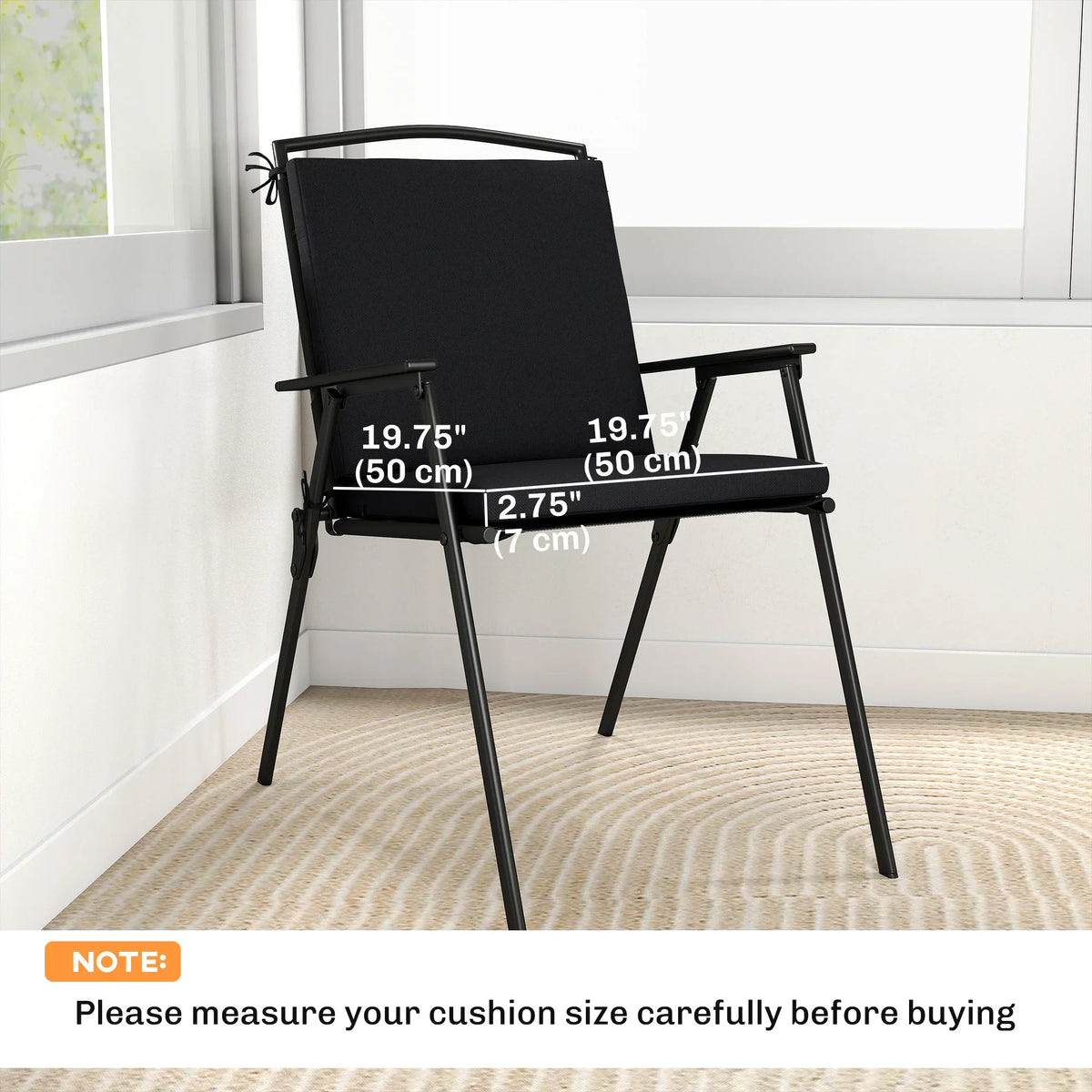 Black seat cushion pads on chair with size measurements