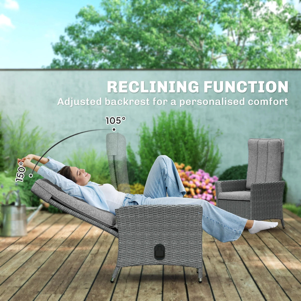 Light grey outdoor reclining wicker chair supporting a person in a laid-back position