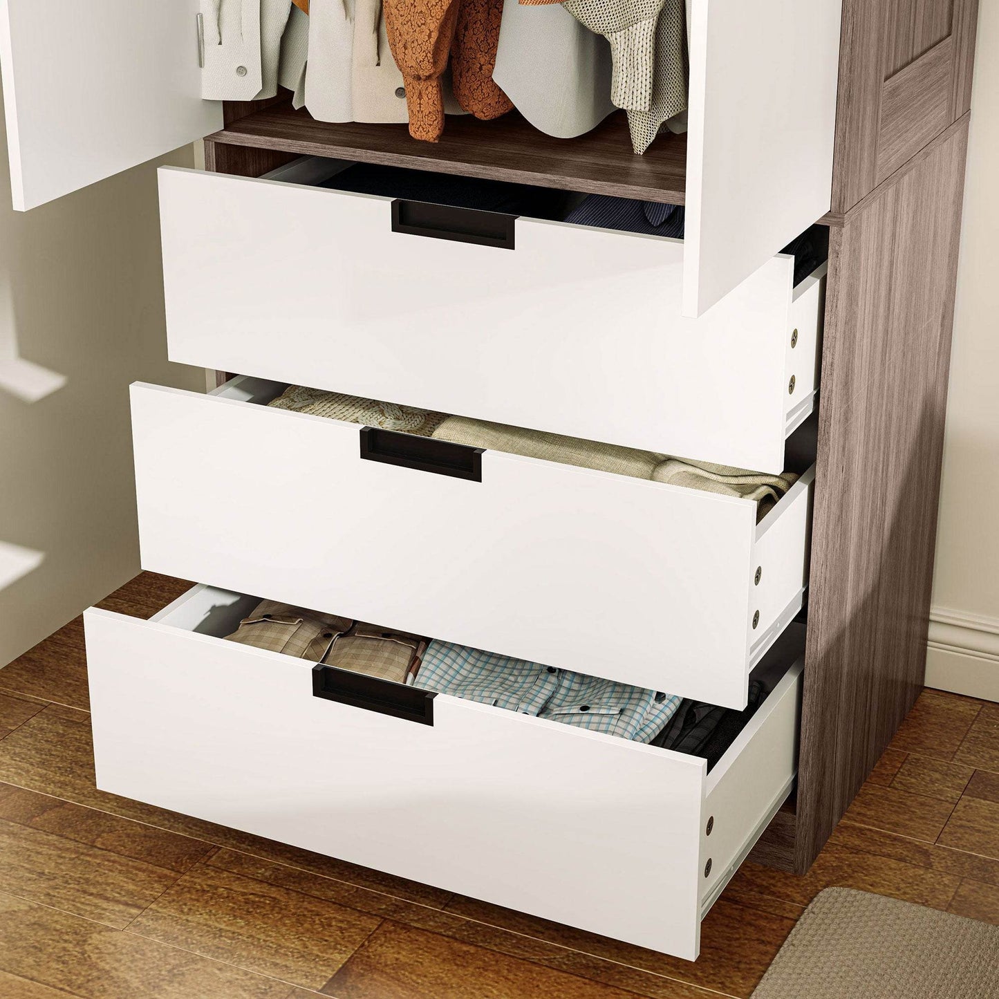 Modern Brown and White 2-Door Wardrobe with 3 Drawers and Hanging Rod for Stylish Bedrooms - ALL4U RETAILER LTD