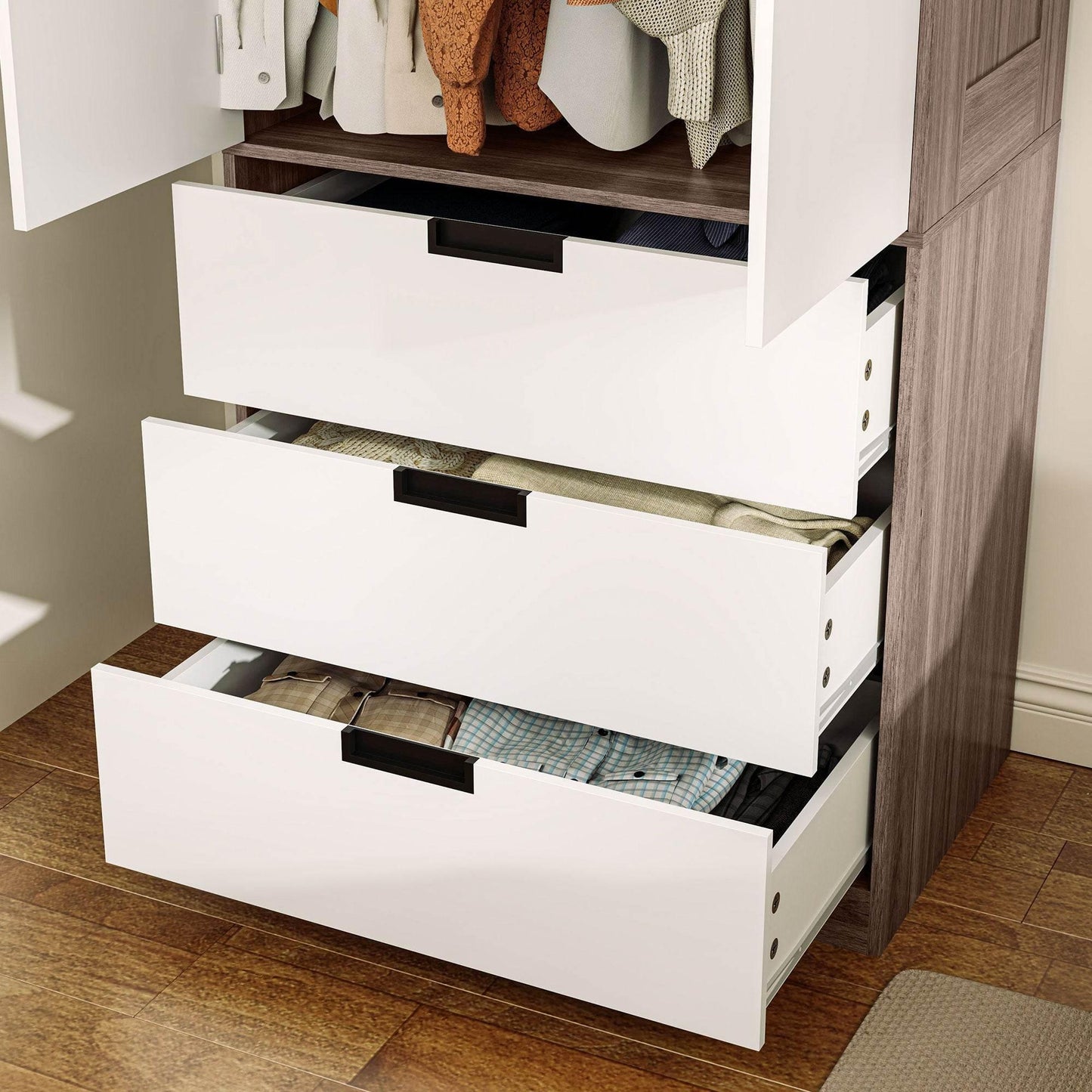 Modern Brown and White 2-Door Wardrobe with 3 Drawers and Hanging Rod for Stylish Bedrooms - ALL4U RETAILER LTD
