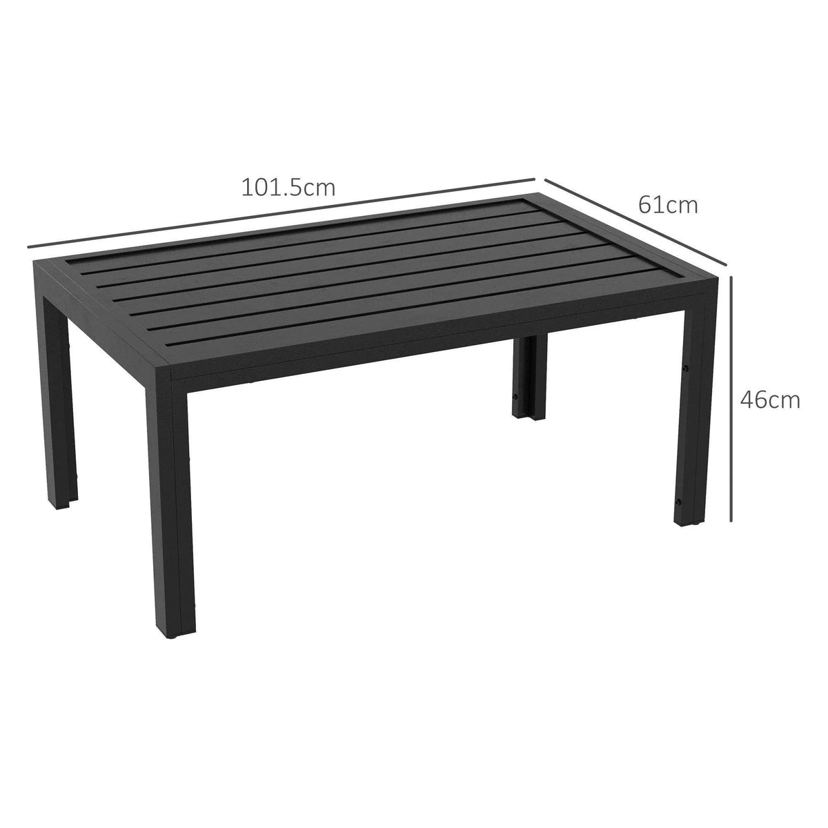 Black rectangular outdoor side table with slatted tabletop and four steel legs
