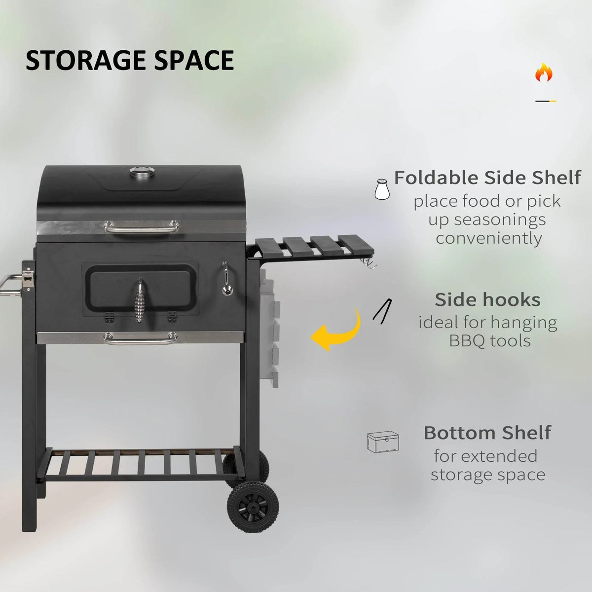 Charcoal grill with foldable side shelf, bottom shelf, and side hooks for tools.