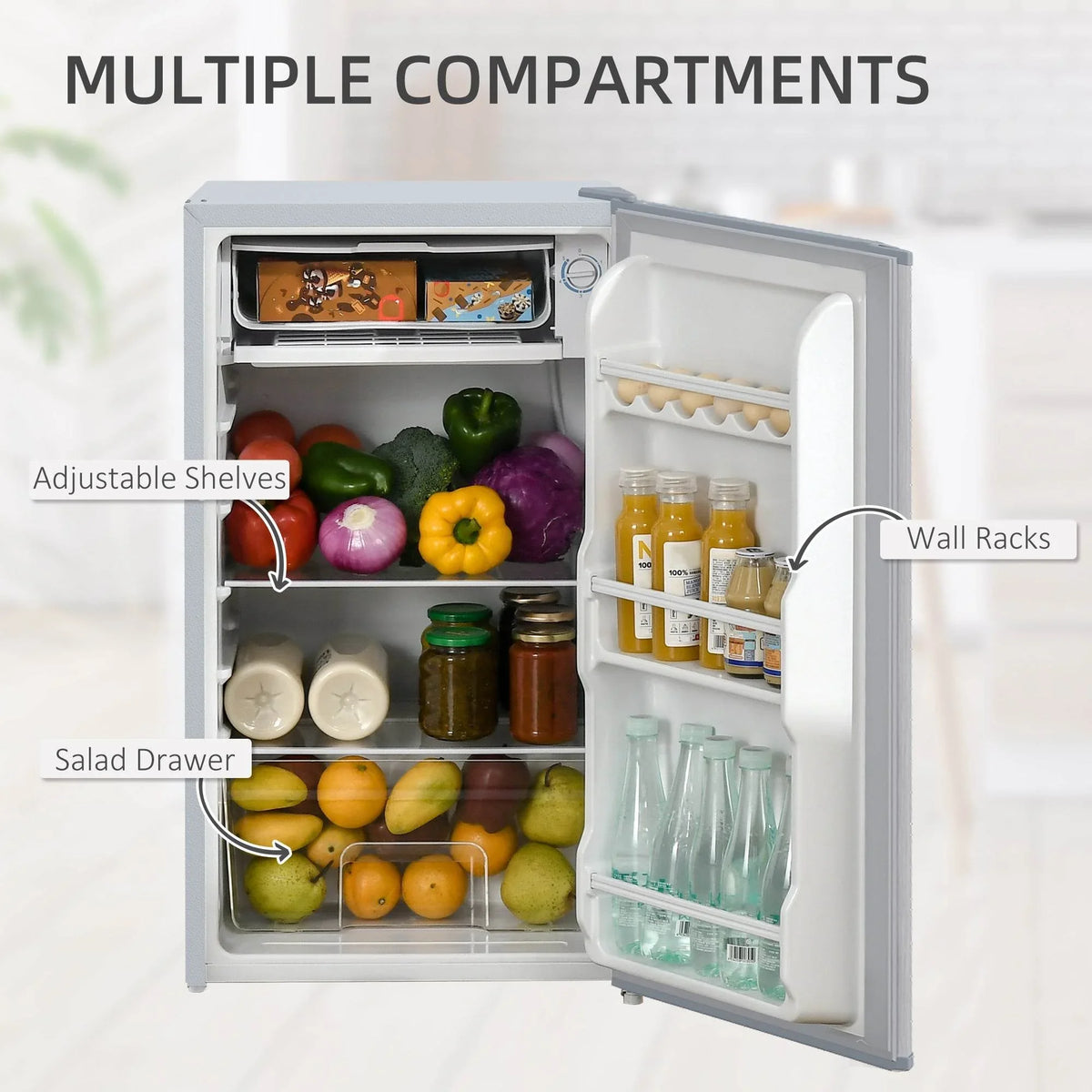 Refrigerator interior with multiple compartments, adjustable shelves, and bottle holders