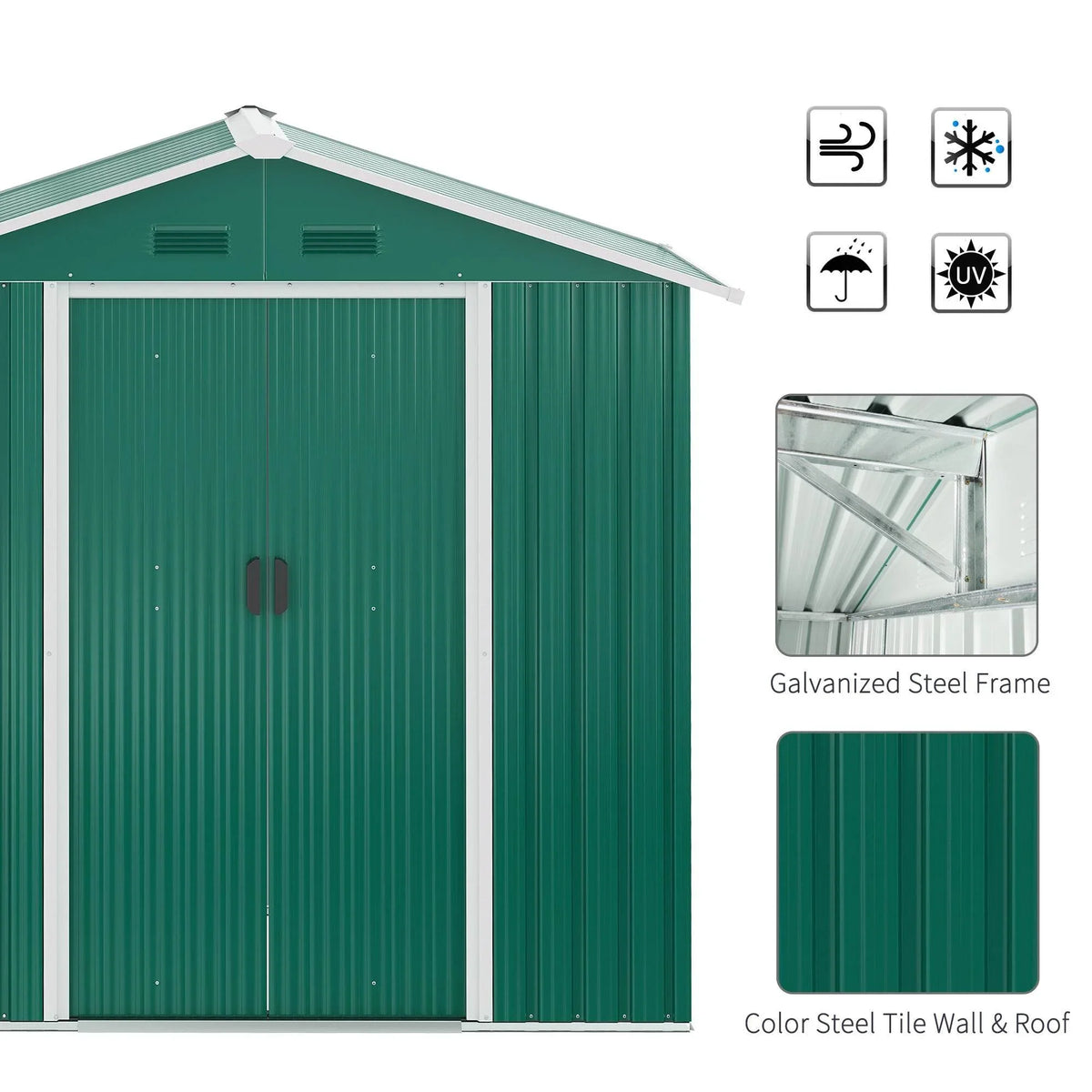 Green metal garden shed front view with ventilation openings and galvanized steel frame