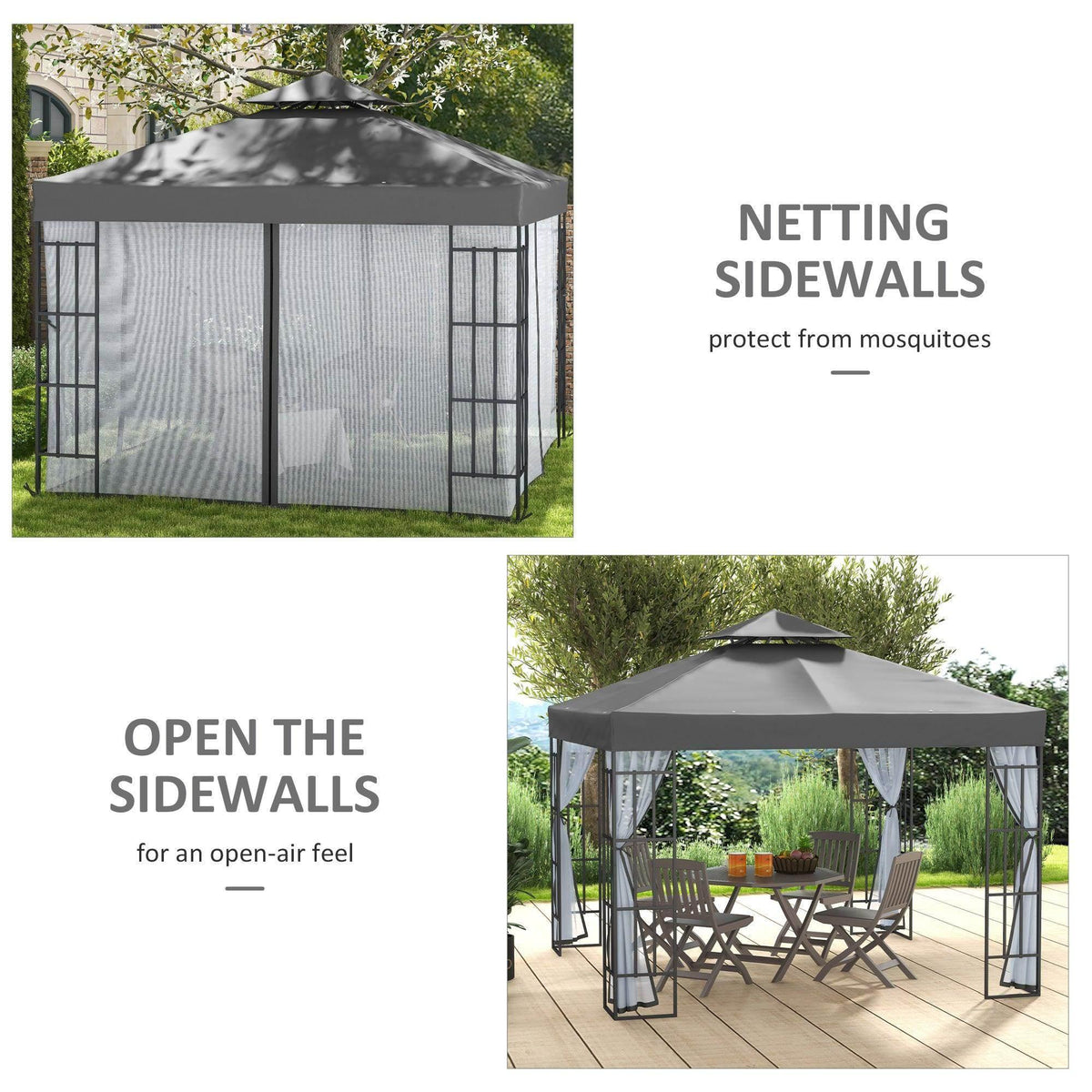 Patio gazebo with open mesh sidewalls and covered double-tier roof