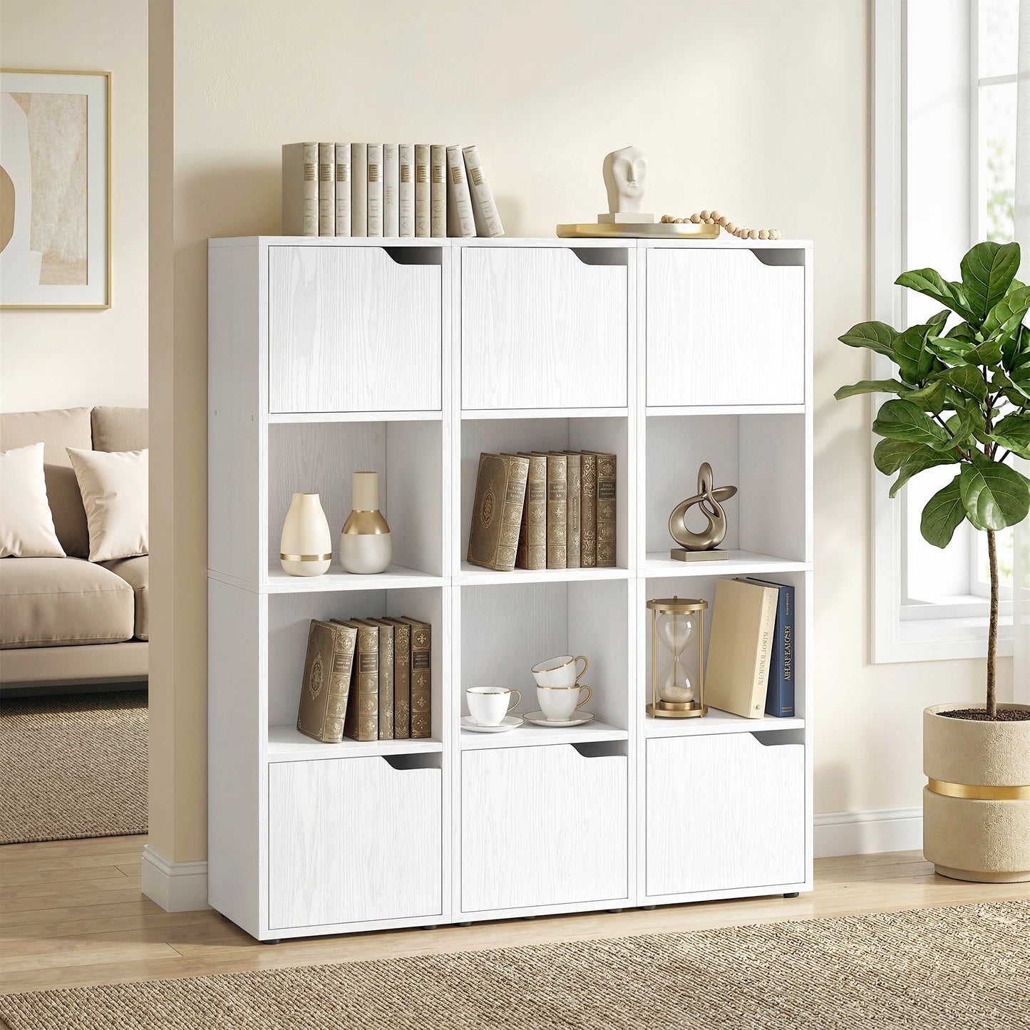 HOMCOM Narrow 4 Tier Bookcase With Doors Storage Cabinet White For Living Room And Bedroom