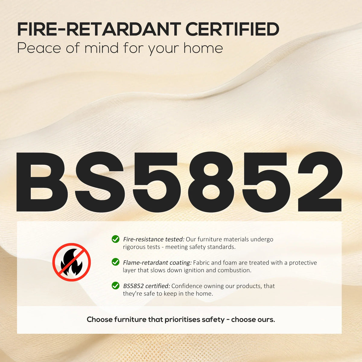 Cream corduroy sofa upholstery with fire-safety graphic overlay