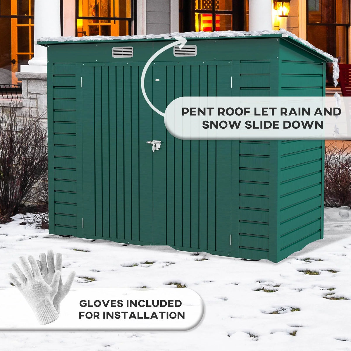 Green outdoor storage shed with snow-shedding sloped roof and side rain runoff design