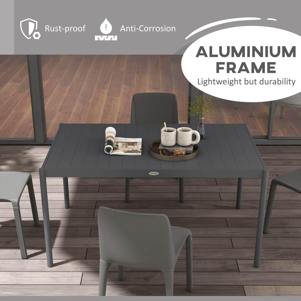 Dark gray outdoor dining table with segmented slat-style tabletop and four legs