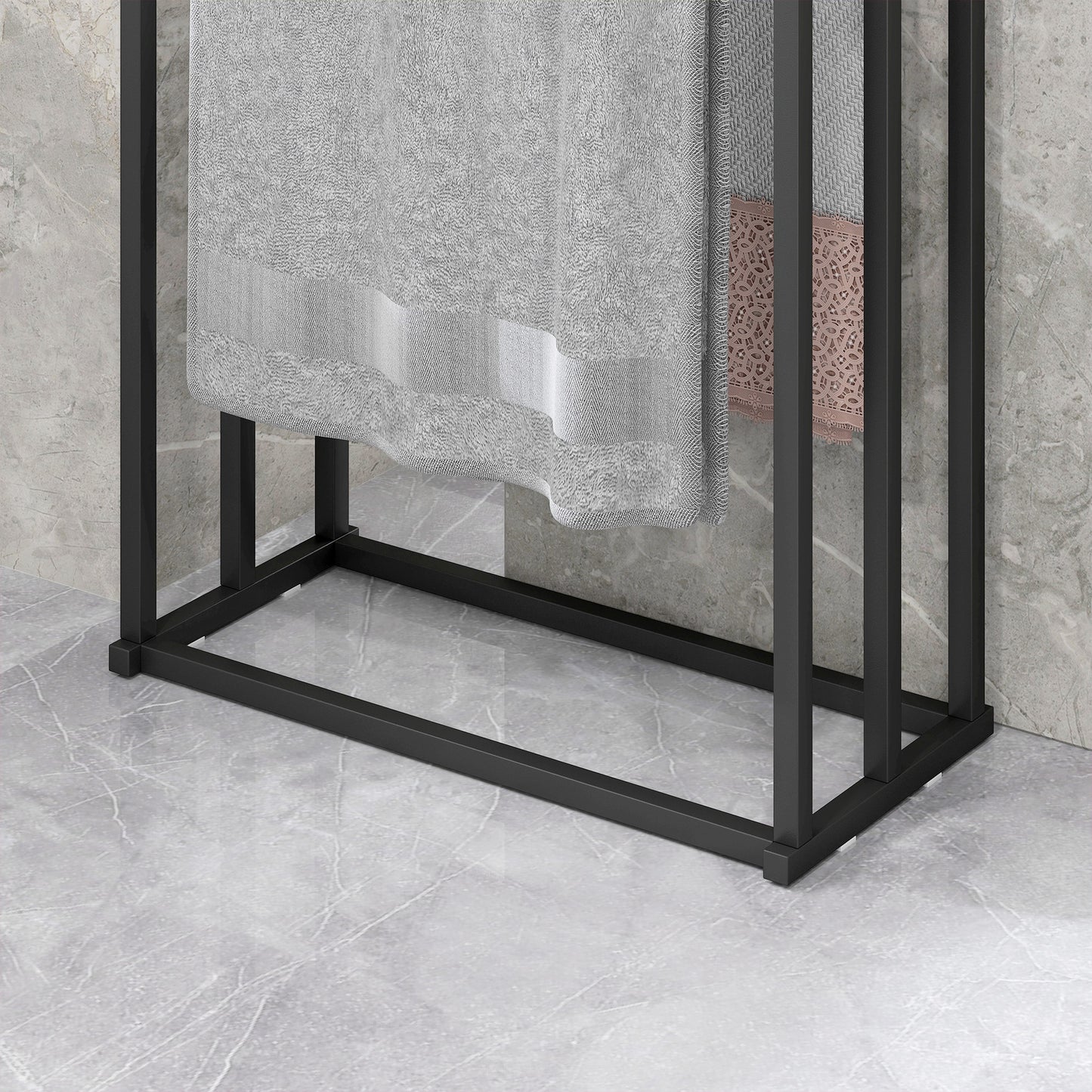 HOMCOM Freestanding Space Saving Steel Towel Rack With 3 Bars For Bathroom And Laundry Black