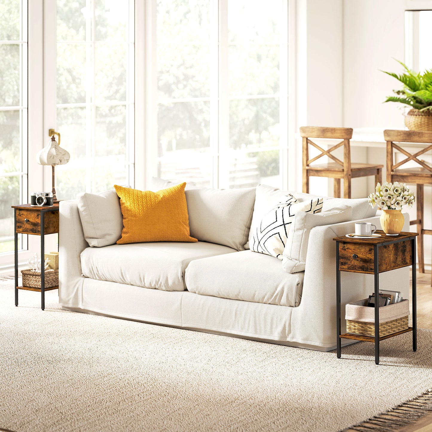 HOMCOM Narrow Side Table With Drawer And Storage Shelf Industrial Rustic Brown And Black Frame