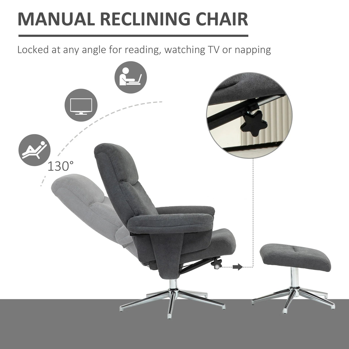 Reclining armchair with adjustable back to 130 degrees and matching ottoman diagram