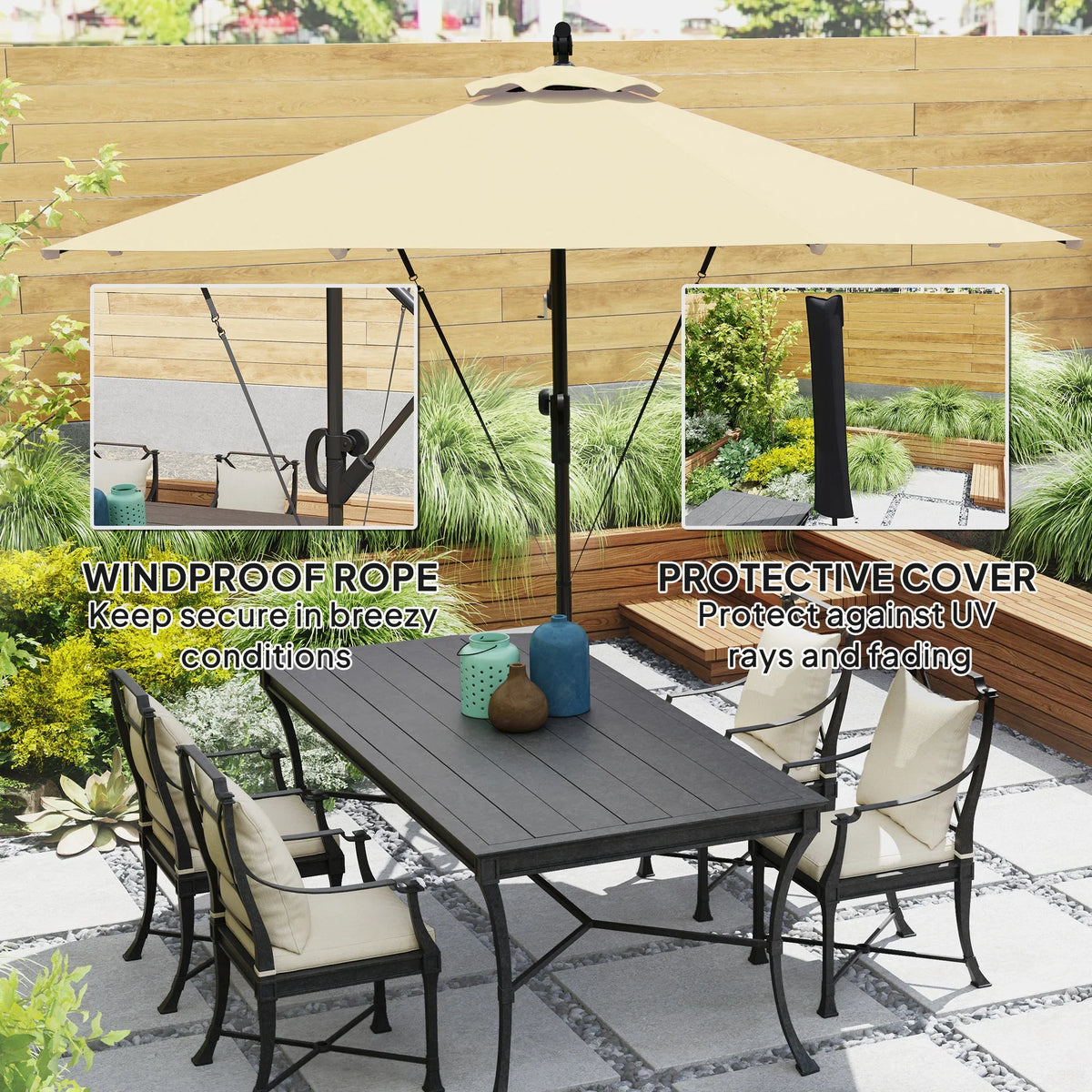 Cantilever parasol with protective cover and windproof rope near the center pole