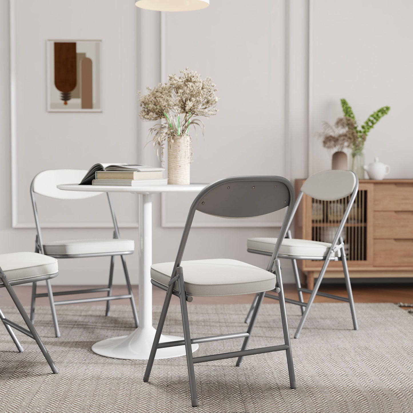 HOMCOM Set of Four Folding Corduroy Chairs Cream Steel Frame Padded Seat and Back for Easy Storage