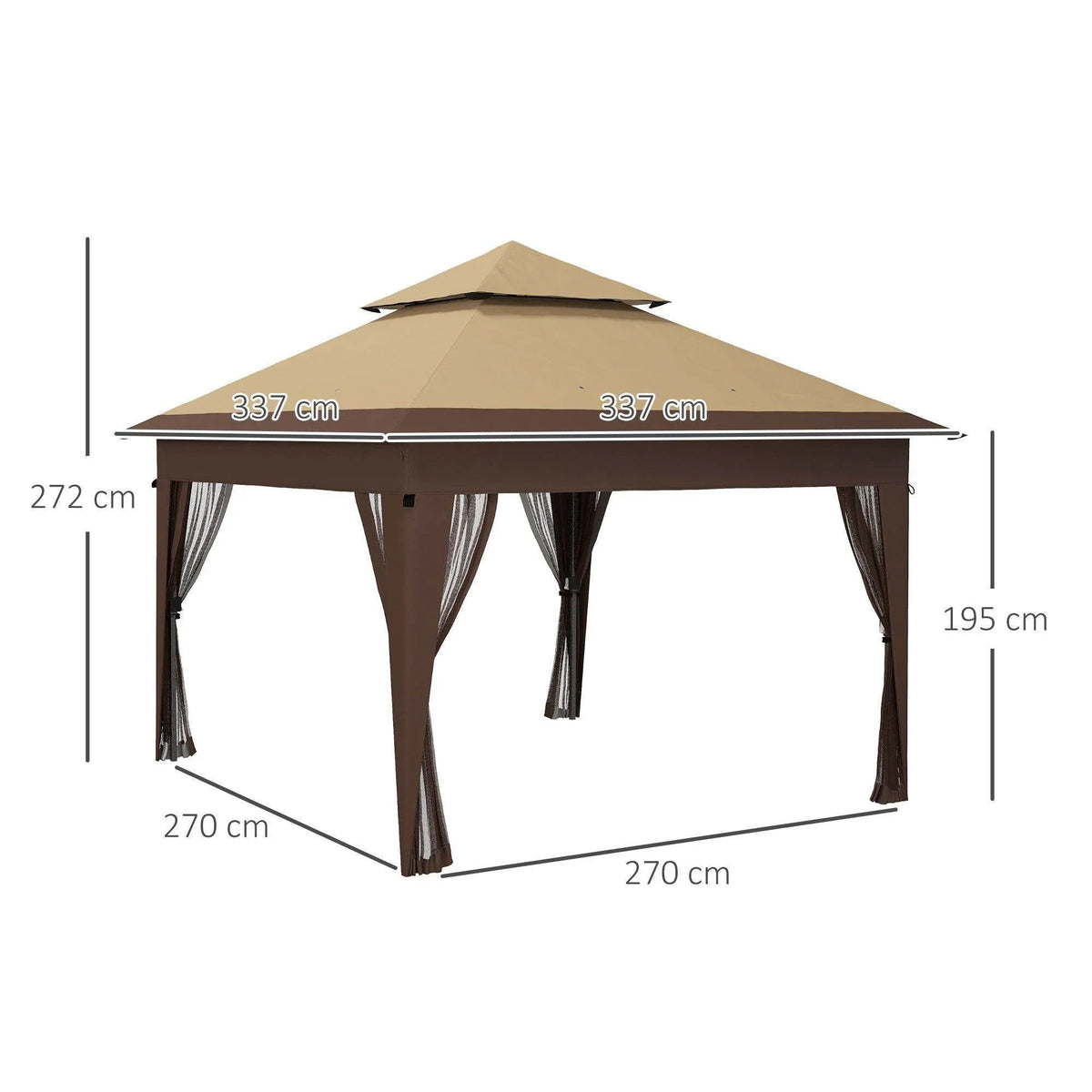 Khaki double-roof pop-up gazebo with hanging curtains and mesh mosquito netting