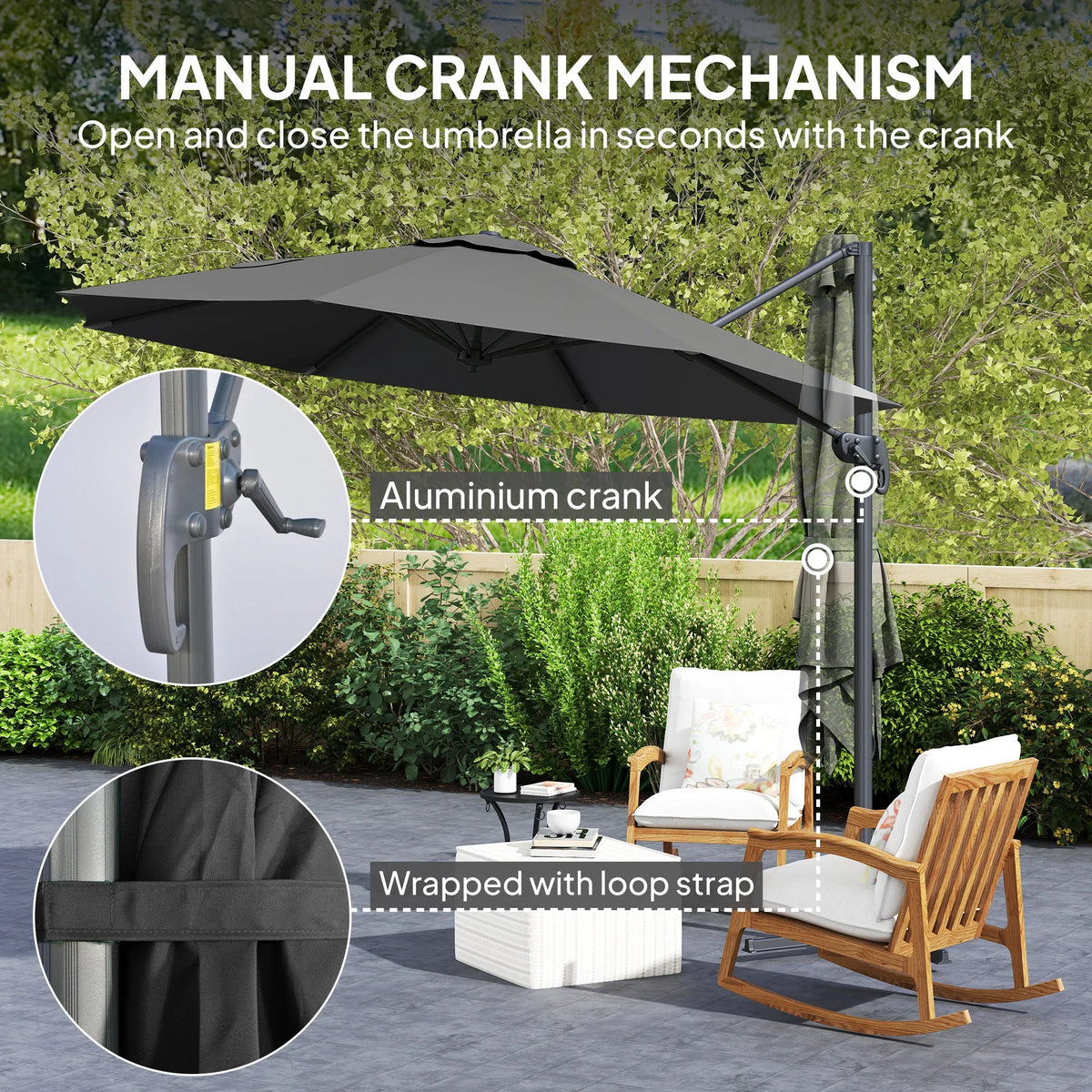 Black cantilever patio parasol with aluminium pole, manual crank and loop strap