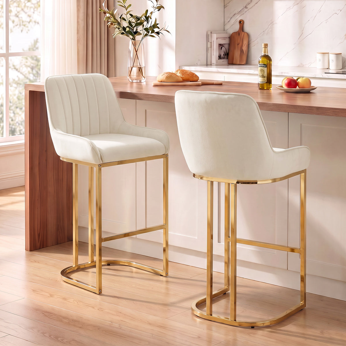 Cream white velvet bar stool with tall backrest and footrest, shiny gold frame