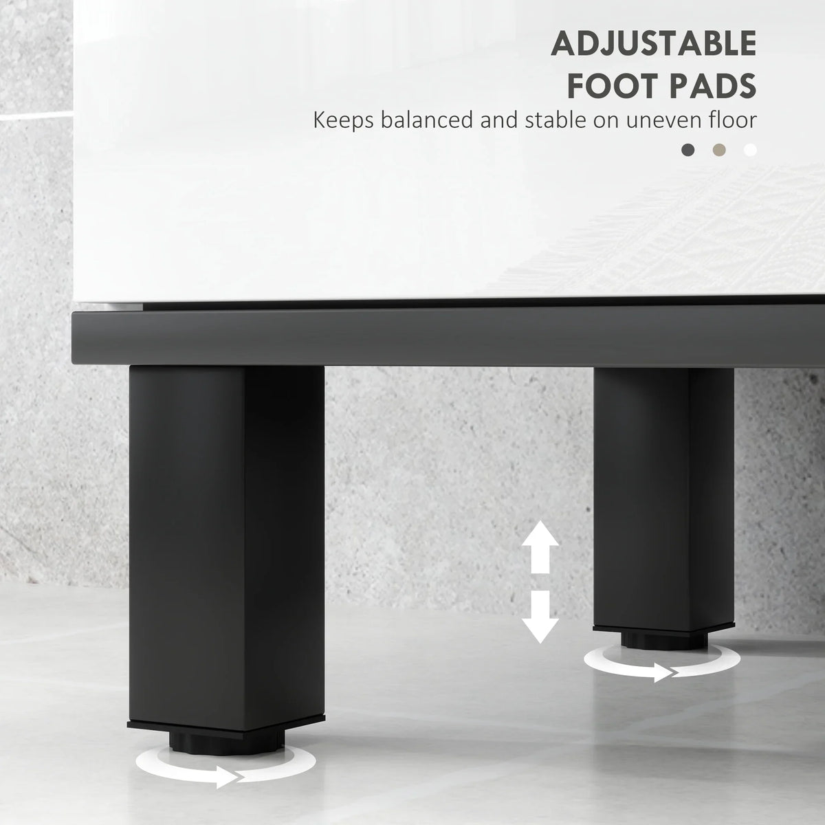 White cabinet base with adjustable foot pads for stable leveling