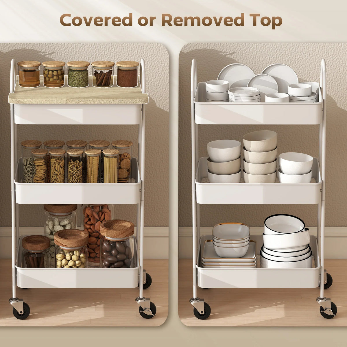 White 3-tier kitchen trolley with covered top board and open-shelf storage on wheels.