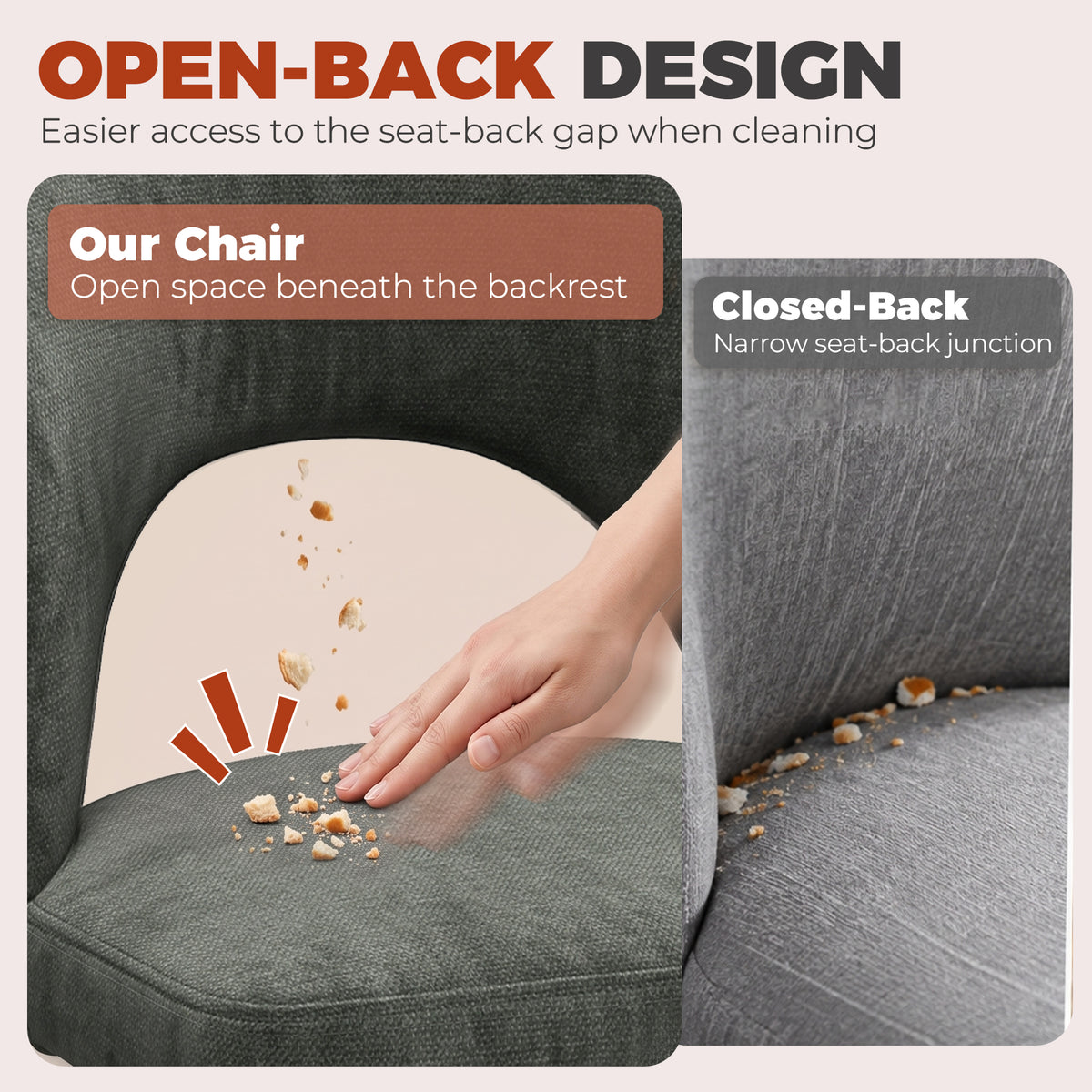 Dark grey upholstered chair featuring an open-back gap and contoured seat, wooden legs