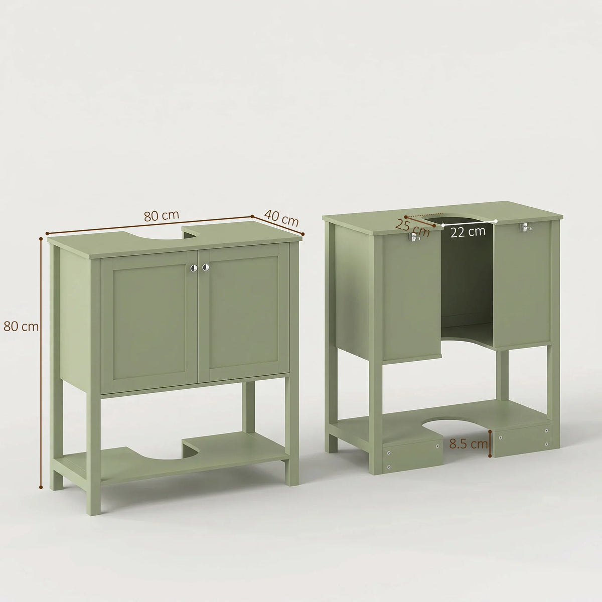 Green under-sink cabinet with two doors and open shelf, side-by-side size view.