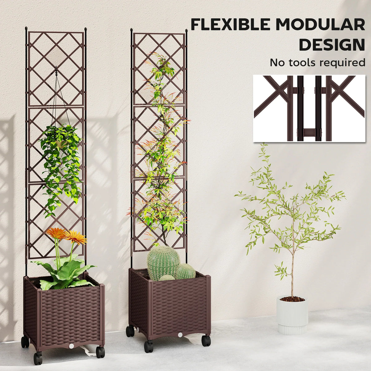 Tall modular planter with lattice trellis panels and potted plants on wheels