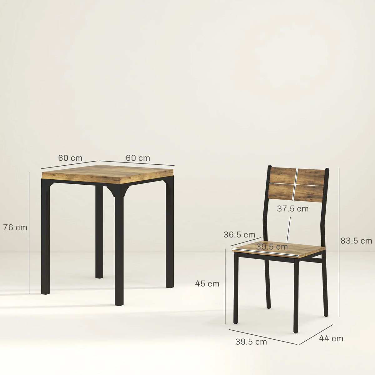 Compact dining table and chair set with size diagram, rustic brown top and black frame